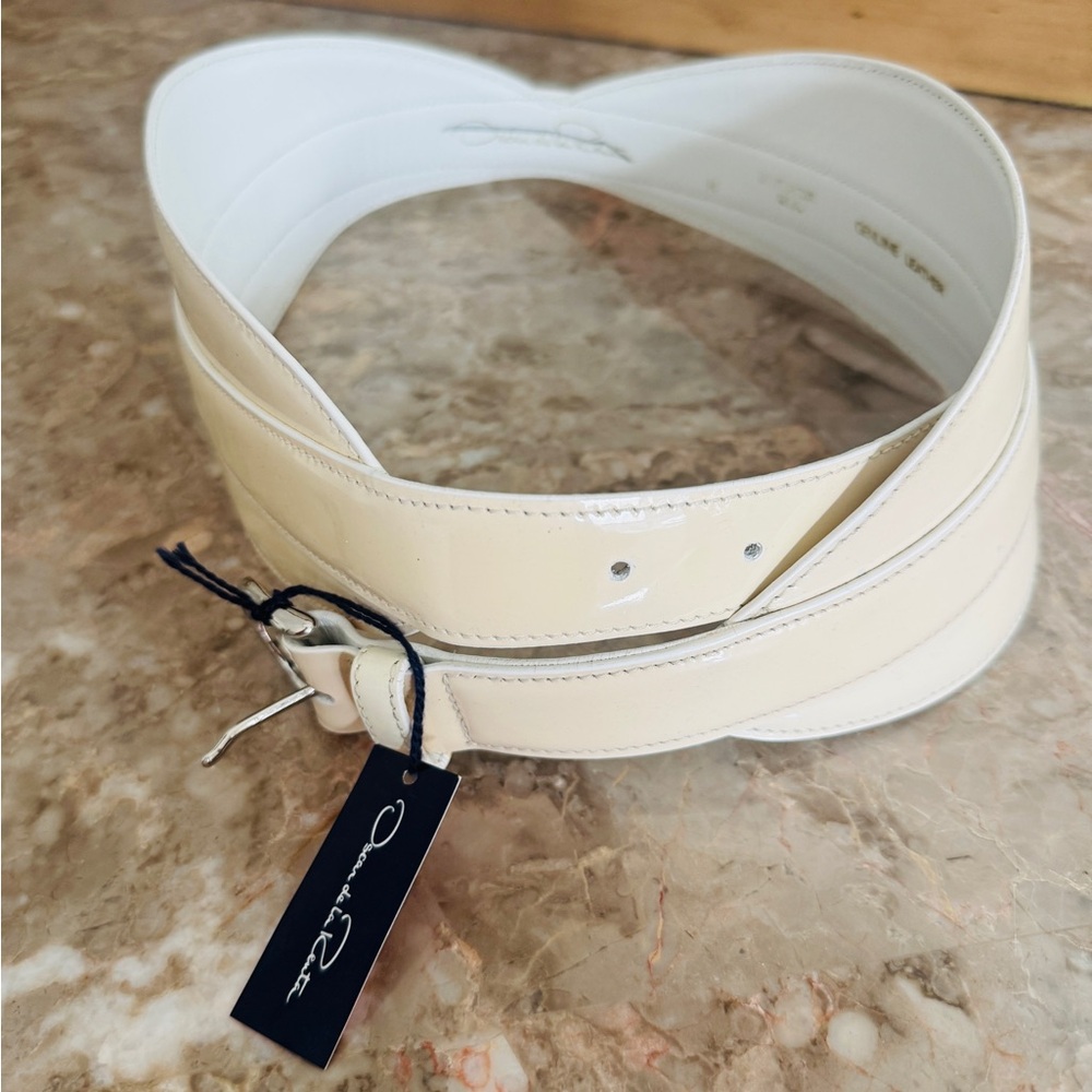 Oscar de la Renta White Leather Belt with Gold Lettering